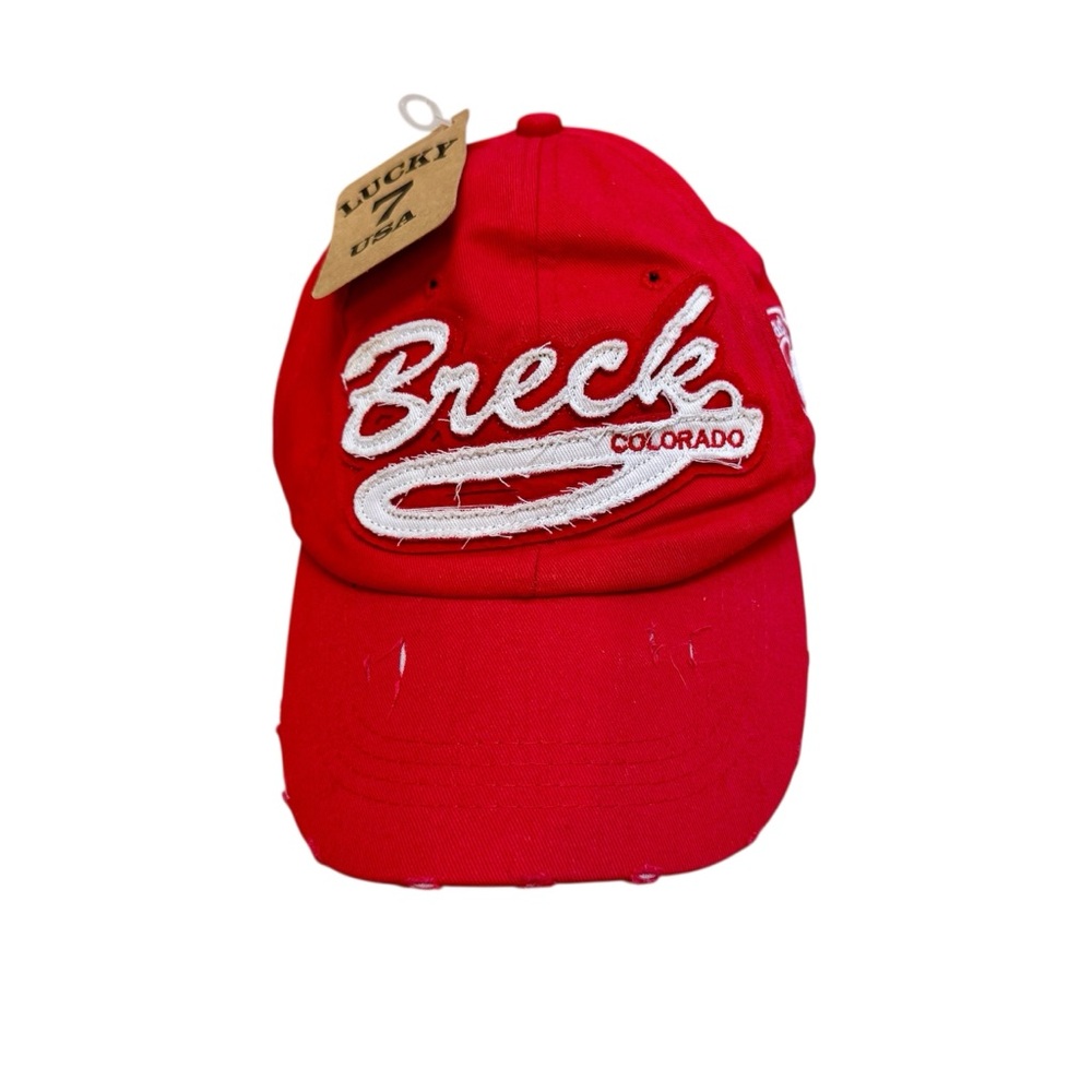 NWT Lucky 7 USA Breckenridge Colorado Red Adjustable Distressed Cap